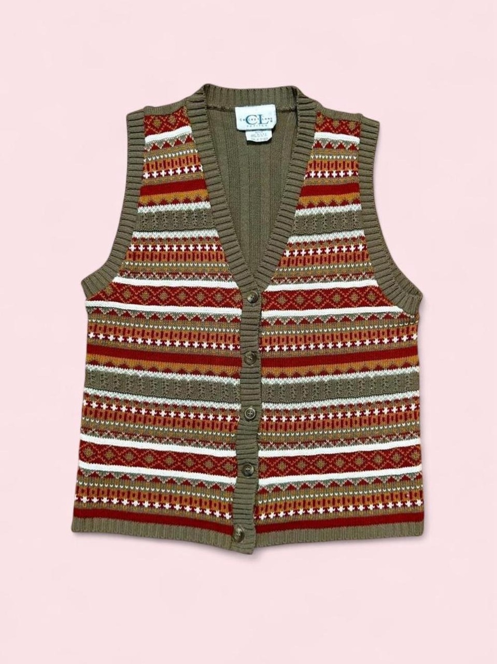 Vintage Olive & Rust Fair Isle Knit Sweater Vest